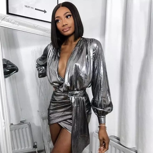 NEW! Silver Holiday Party Dress - Deep Plunge - Picture 2 of 6